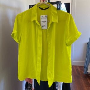 Zara button up short sleeve neon yellow/green
